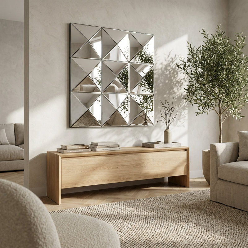Miroir mural moderne en verre biseauté 3D avec motif géométrique triangulaire pour le salon, la chambre à coucher ou la salle à manger