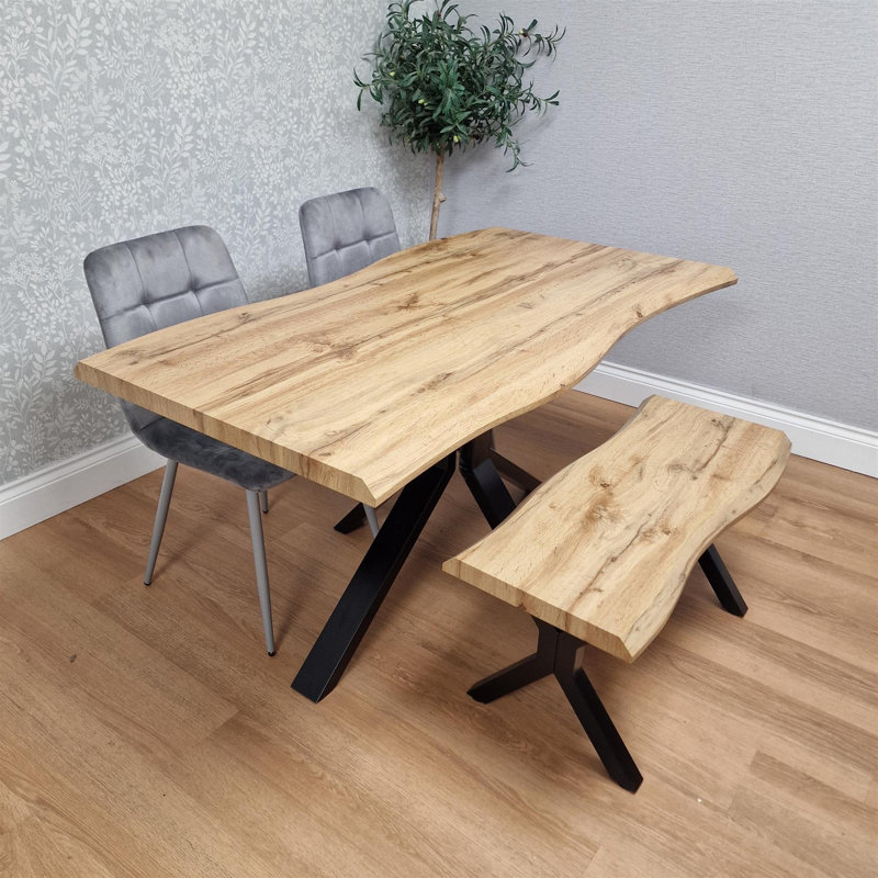 Brown Wooden Dining Table with 2 Black Chairs and Bench - Dining Furniture, 75cmH x 117cmL x 77cmW, Wooden