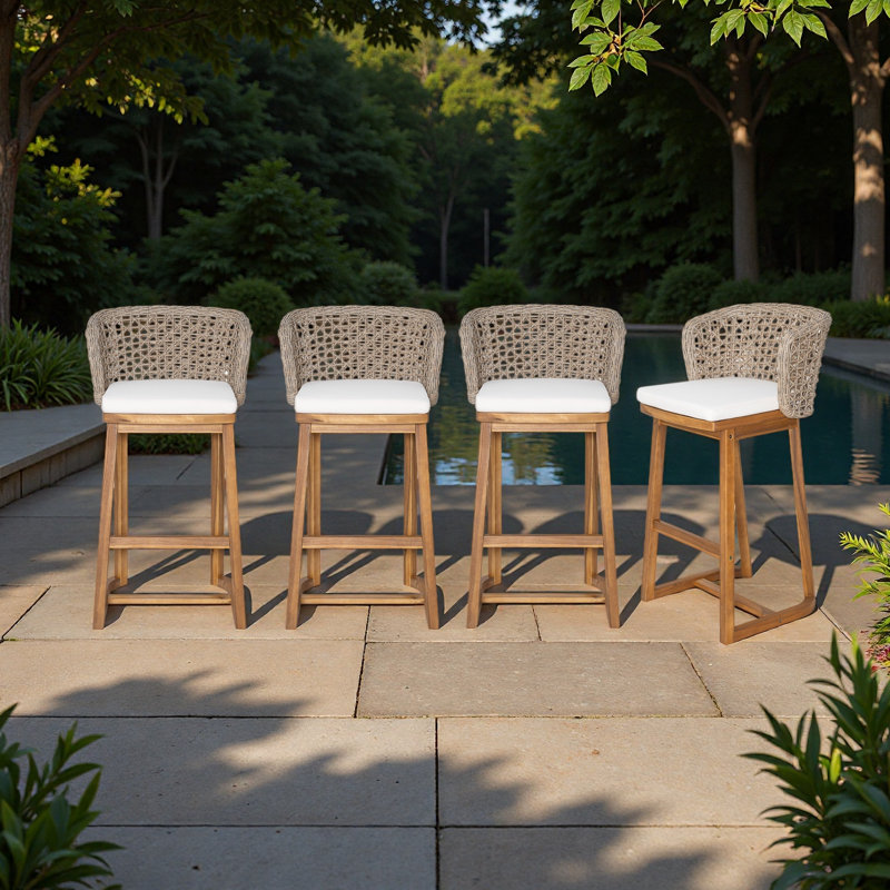 Outdoor Acacia Wood Bar Stools (4 PCS), Bar Height Chairs with Cushion & Wicker Back, Counter Height Stools for Patio, Poolside, Kitchen Island