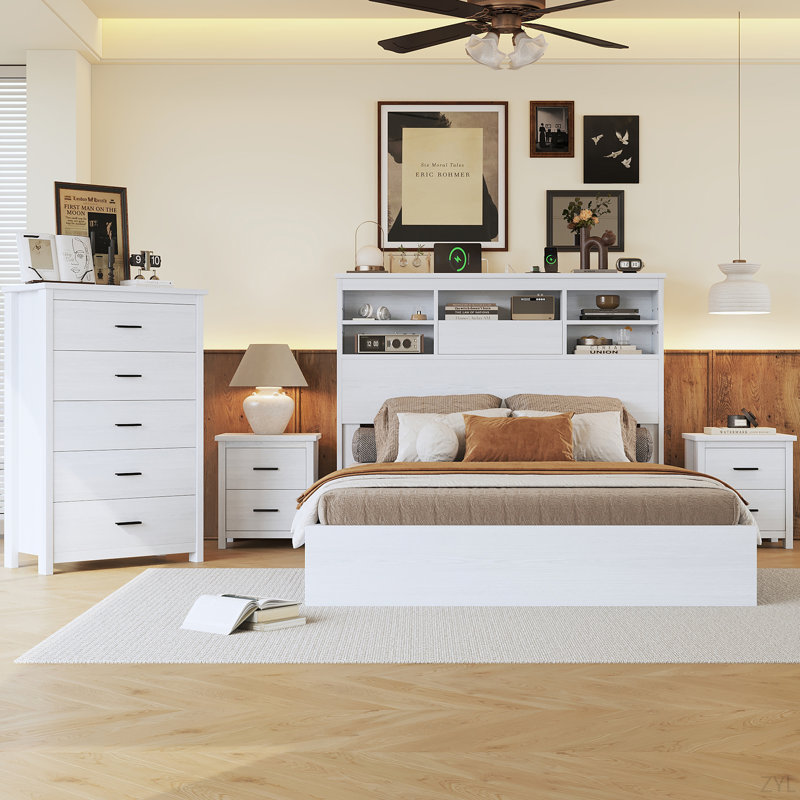 Ensemble de chambre à coucher 4 pièces avec grand lit en bois rétro avec 2 tables de chevet et 1 commode, blanc