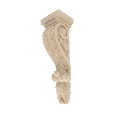 14 in x 4-3/8 in x 3-3/4 in Unfinished Large Hand Carved Solid Acanthus Leaf Wood Corbel