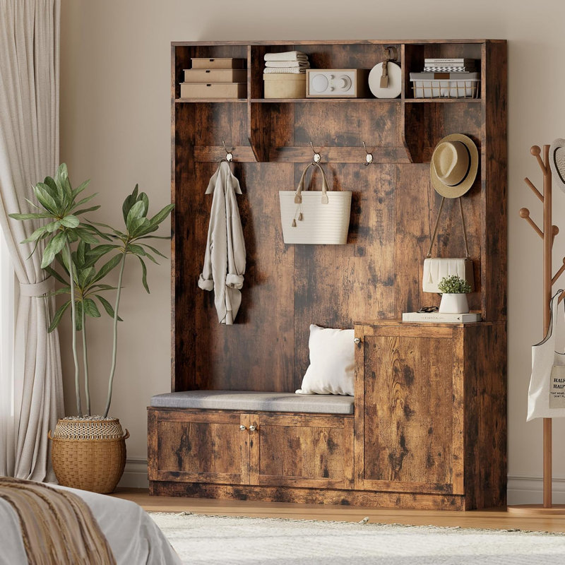 78.7 Inch Tall Hall Tree with Bench and Shoe Storage, Modern Wood Entryway Bench with Coat Rack, 4 Hanging Hooks, 3 Open Compartments for Hallway, Mudroom, Apartment