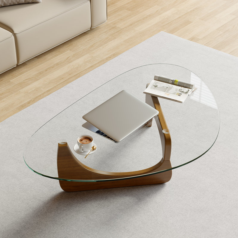 Triangle Glass Coffee Table With Solid Wood Base Abstract Glass Table for Living Room