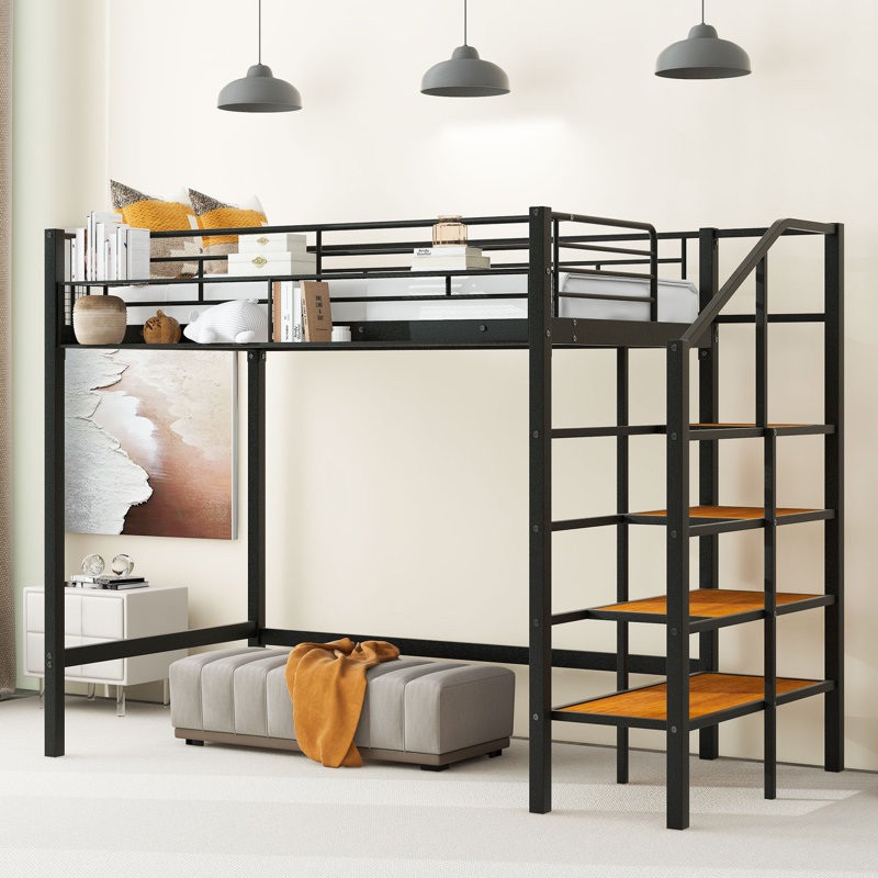 Orenda Metal Loft Bed With Upper Grid Storage Shelf And Lateral Storage Ladder, Twin, Black
