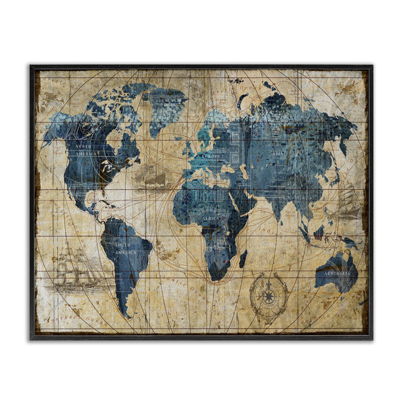 Carte du monde abstraite par Art Licensing Studio - impression, Giclée encadrée noir minuit, H 16 po x l 20 po