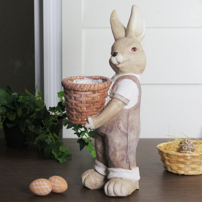 17.5" White and Brown Easter Boy Rabbit Outdoor Garden Planter