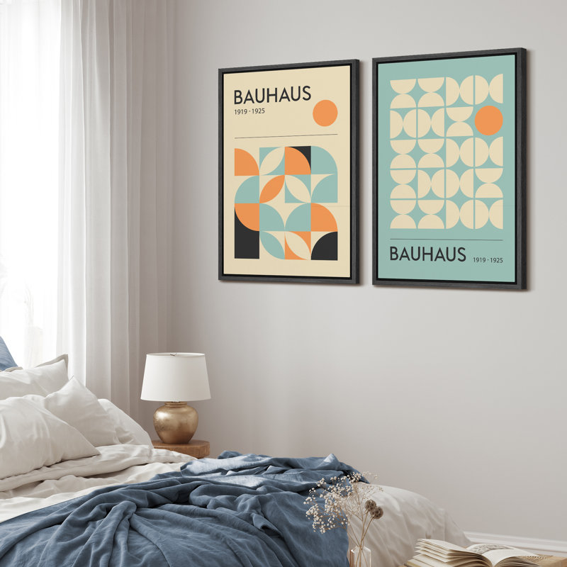 Classical Artwork Geometric Teal Abstract Mid-Century Modern Picture Framed Canvas 2 Pieces Print Wall Art, Black