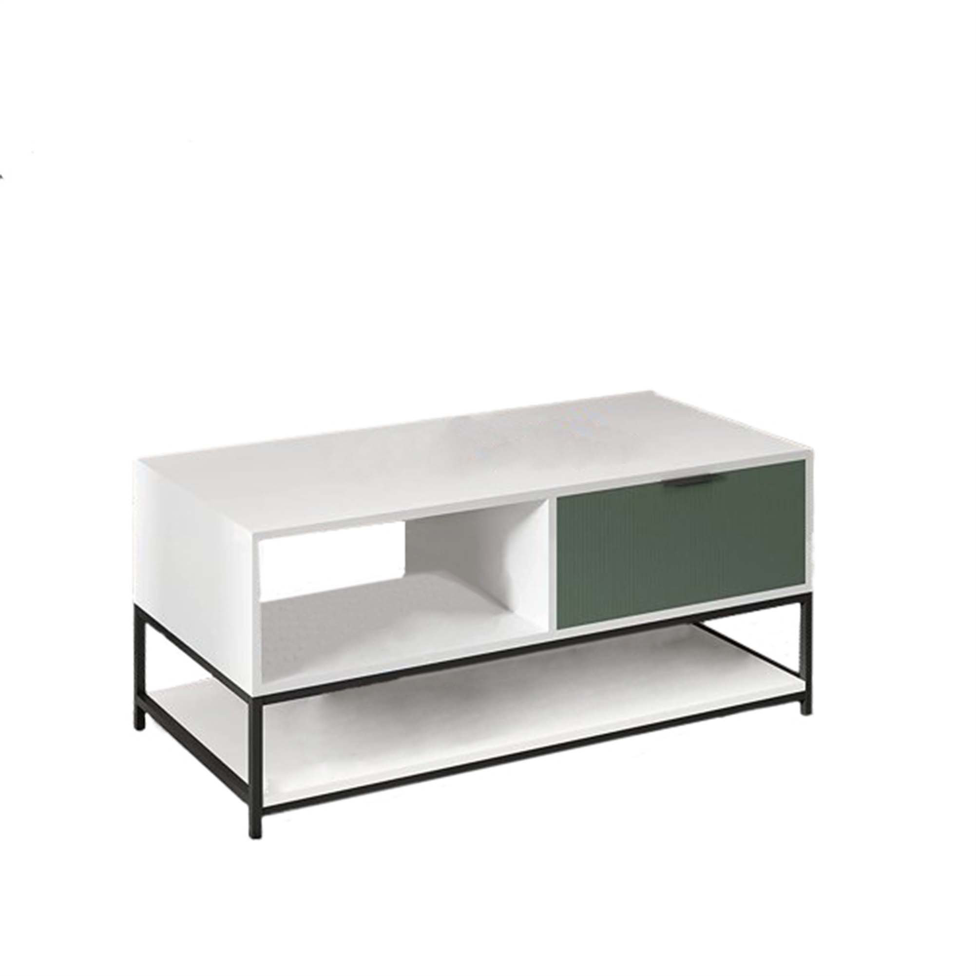 Image showcasing Ebern Designs Wood Coffee Table Steel Frame With Shelves And Drawer ...
