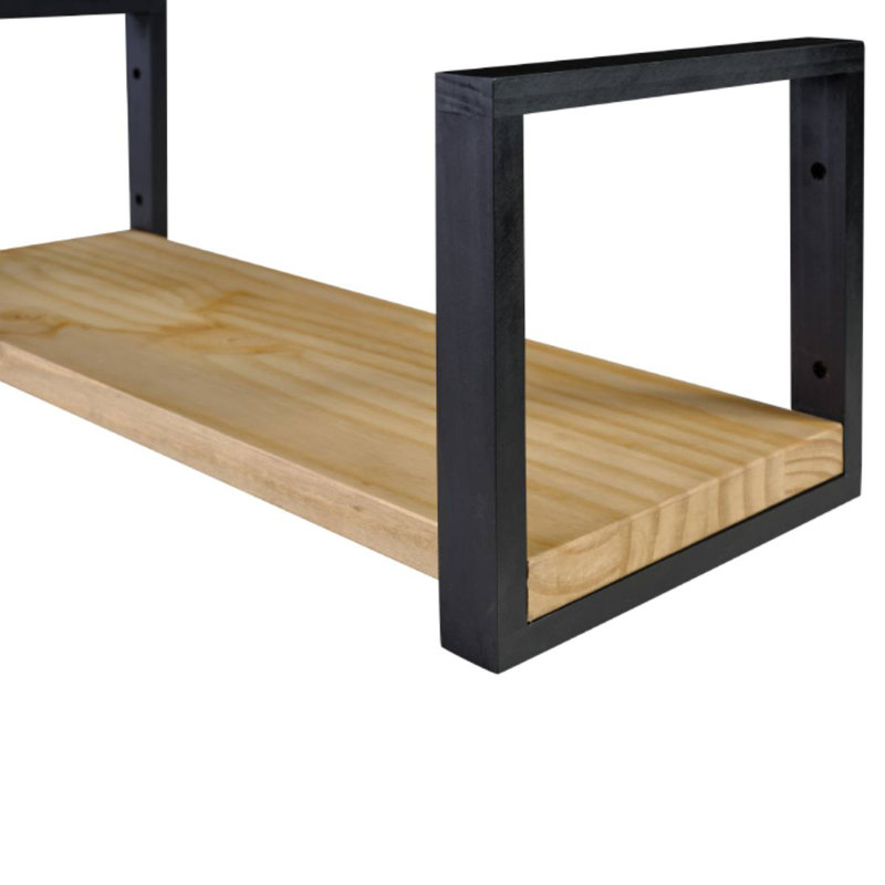 Antique Brown Pine Wood Wall Shelf with Black Metal Brackets