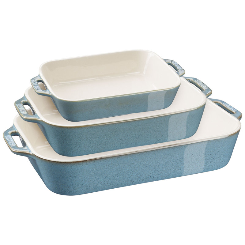Staub Ceramics Ceramique Rectangular Baking Dish Set 3 Piece, Rustic Turquoise