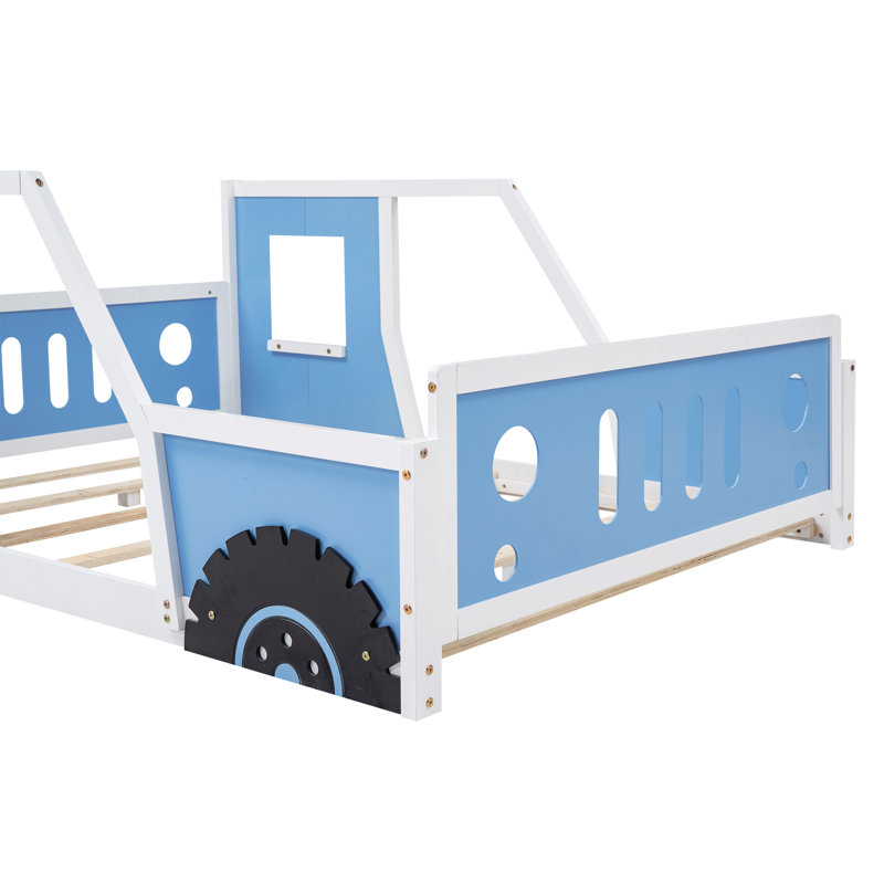 Lit plateforme classique avec roulettes en forme de voiture, Bleu