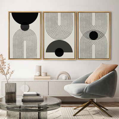 Abstract Neutral Mid-Century Modern Black - Framed Canvas Print Wall Art Work Living Room Home Decor