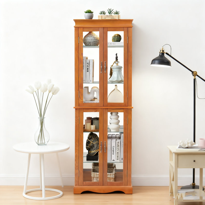 6-Tier Lighted Glass Curio Cabinet W/ Adjustable Shelves, Wood Frame Storage For Wine/Toys/Collectibles, Bulb Included - Living Room/Kitchen/Pantry，Oak