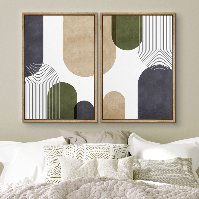 Nordic Shapes " Geometric Green, Tan And Black Polygon Collage Abstract Shapes Modern Bohemian Relax Calm " 2 - Pieces