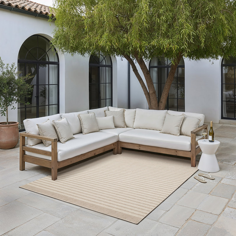 Tavraj Modern Linear Pinstripe Beige / Ivory Indoor/Outdoor Rug, Rectangle 7'10" x 10'