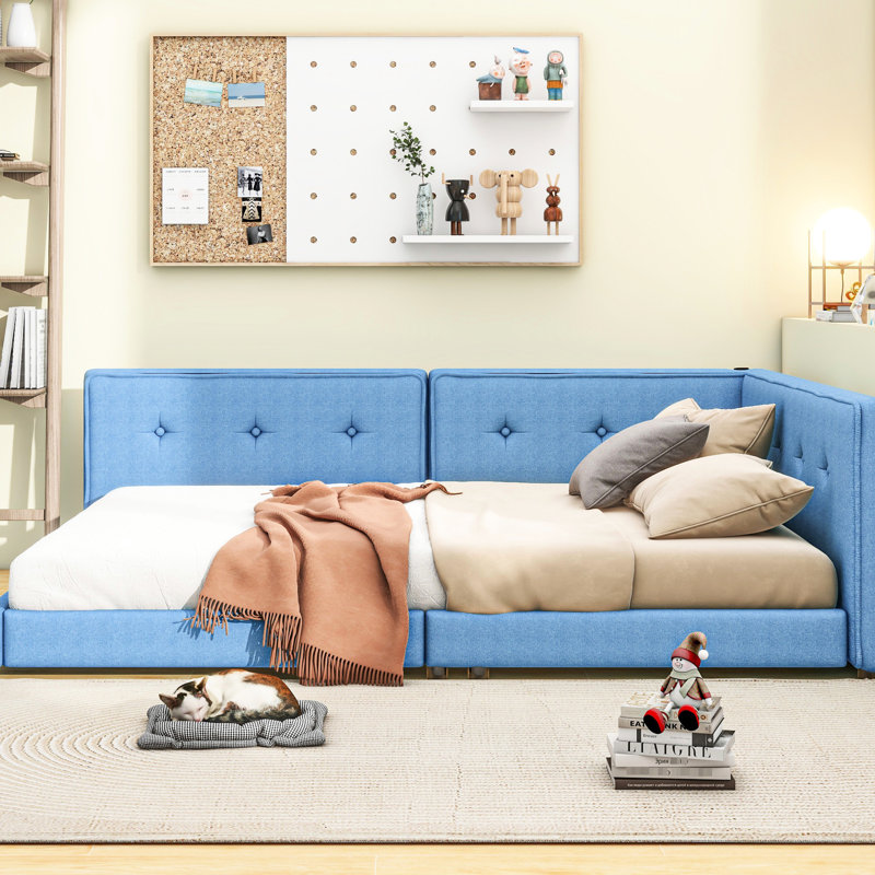 Lit plateforme double tapissier avec hublots, bleu - pour la décoration de la chambre à coucher, Lit double, Bleu