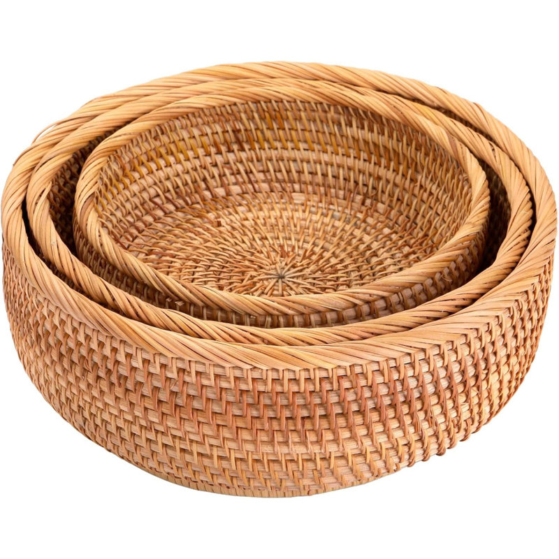 Paquet de 3 paniers à pain ronds en rotin, bols de service en osier tressés à la main pour confiseries, collations, clés, comptoir de cuisine, 3 tailles