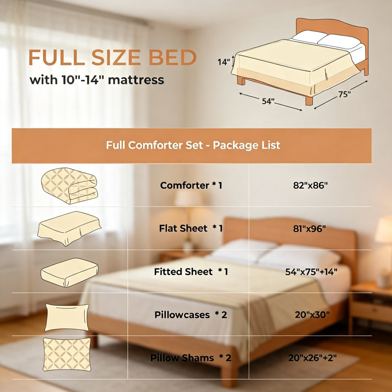 Ensemble de couette 7 pièces beige à plis piqués, Full / Double Comforter + 7 Additional Pieces