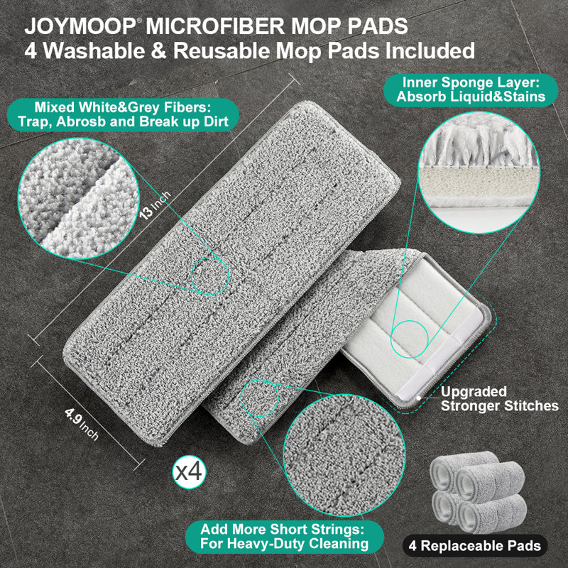 JOYMOOP Flat Squeeze Mop and Bucket Set, with 50" Mop Handle and 4 Grey Microfiber Pads