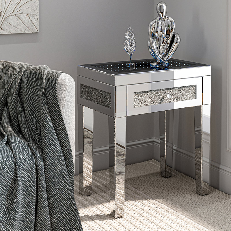 Table de bout en miroir moderne avec lumière DEL et tiroir, table d'appoint en diamant écrasé avec base rectangulaire pour salon, chambre à coucher et bureau, argent