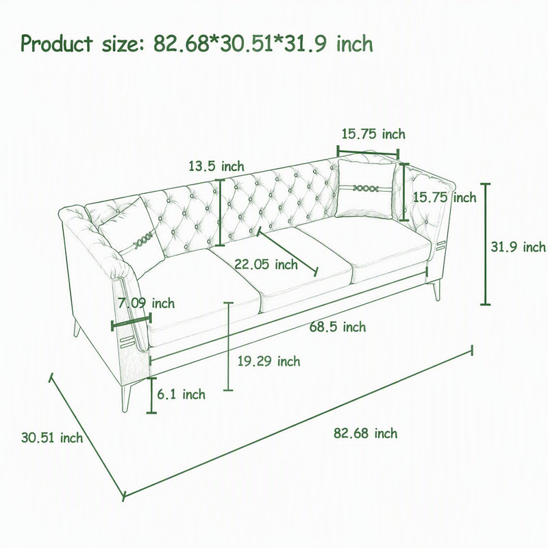 Sofa with 2 Pillows, Cream White Velvet
