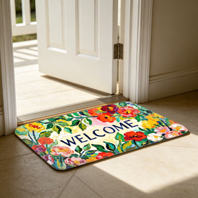 Vibrant Floral Welcome Floor Mat For Outdoor And Indoor, 24 X 36 In, Multicolor
