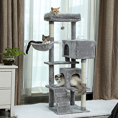 Arbre à chat pour grands chats adultes avec perchoir supérieur super grand, tour pour chats 56,3 po avec hamac moelleux, tablettes pour chat et pompon suspendu, poteaux à griffes pour chat et 2 maisonnettes