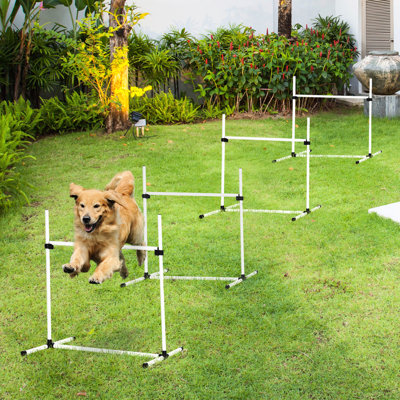 White Dog Agility Training Kit - 4 Piece With Adjustable Bars & Transportable Carry Bag, For Shy Dogs Equipment Jump Ideal Various Grounds