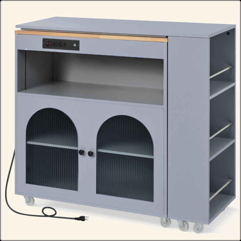 Rolling Kitchen Island With Extended Table, Kitchen Island On Wheels With LED Lights,Power Outlets And 2 Fluted Glass Doors, Kitchen Island With A Storage Compartment And Side 3 Open Shelves