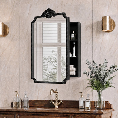 Armoire à pharmacie rectangulaire 24 po x 35 po avec miroir, rangement mural pour salle de bain avec option de montage encastré / en surface, conception rétro baroque, bordure perlée noire, installation facile