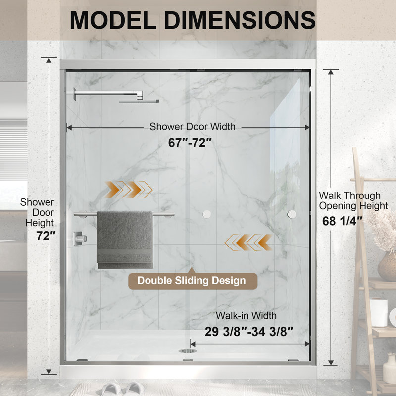 67-72 in. W x 72 in. H Double Sliding Framed Shower Door in Brushed Nickel with Clear Tempered Glass, Brushed Nickel