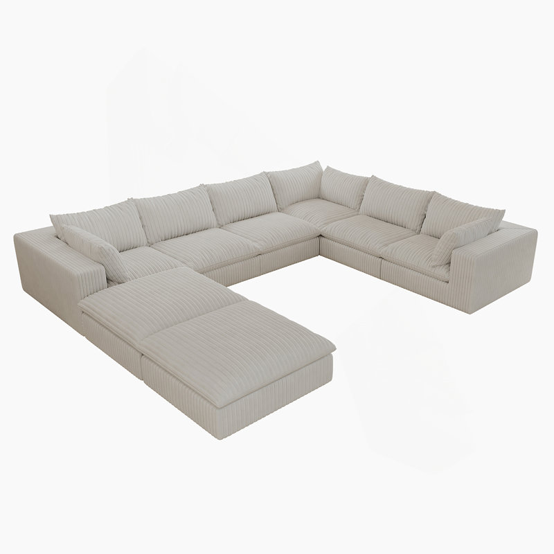 Boneless Cloud Sofa,Corduroy Fabric,Deep Seat Couches,Double-Layer Design,Removable Cushion, White