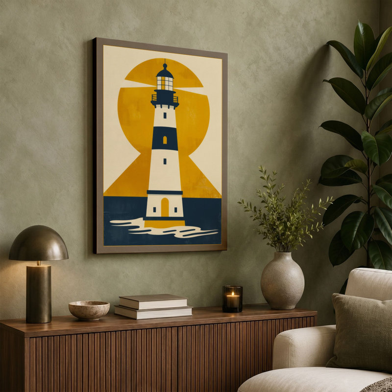 Lighthouse at Sunrise Coastal - Wrapped Canvas, 18x12 - 45.7 x 30.5 cm, Terracotta Border