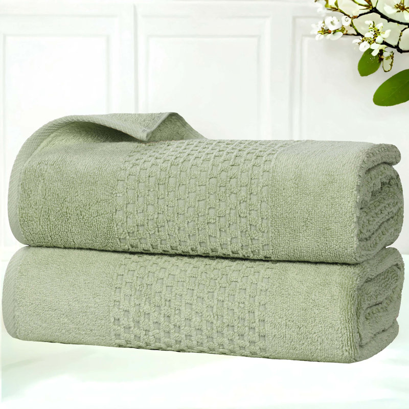 Playa Zero Twist Cotton Medium Weight Solid Waffle Textured Bath Towels, Green