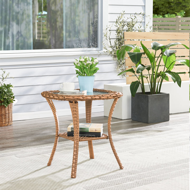 Bonia Wicker Rattan Side Table With Built-In Glass, Yellow