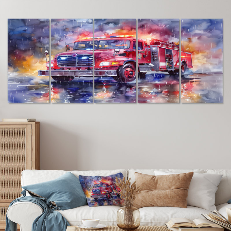 Camion de pompier rouge sous la pluie New York - ensemble de décoration murale pompier, H 28 po x l 60 po