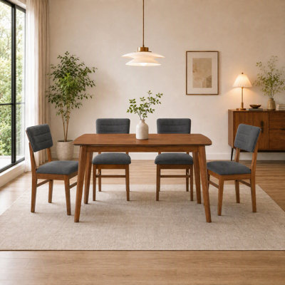 4 Seat Farmhouse Dining Table Set, Space Saving Rubber Wood Dinette Set with Padded Upholstered Curved Back Dining Chairs for Kitchen Dining Room