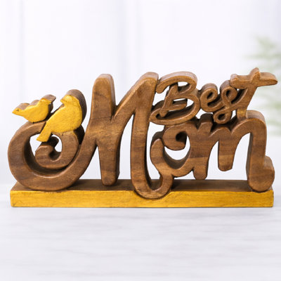 Edurdo Handmade Wooden “Best Mom” Sculpture with Two Birds – Tabletop Home Decor, Christmas & Mother’s Day Gift