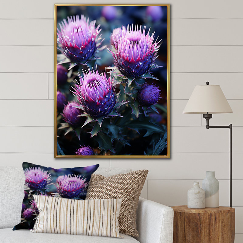 Fairvale " Purple Majestic Thistle I ", 20" H x 12" W x 1" D, Gold Floater Framed