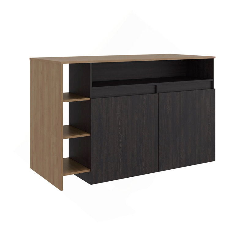 Îlot de cuisine avec armoire de rangement, tablettes et espace pour appareils ménagers