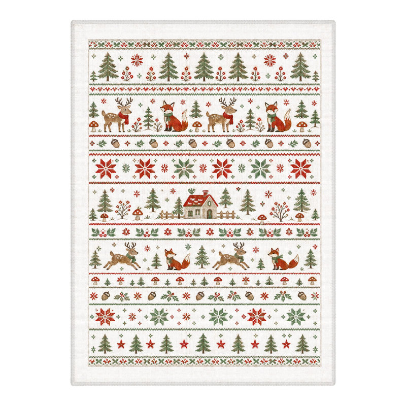 Tapis lavable à poils ras, motif d'animaux de Noël, cerfs et chalet d'hiver, ivoire/vert, pour salle à manger
