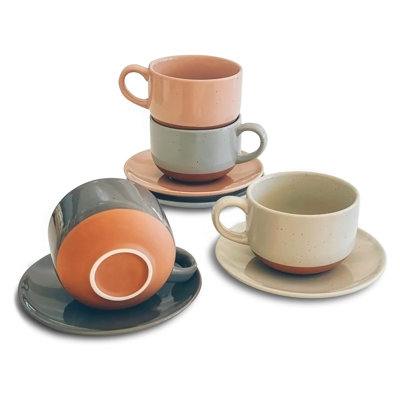Set of 4 8oz Ceramic Cappuccino Mugs with Saucers - Assorted Neutrals Microwave Dishwasher Safe