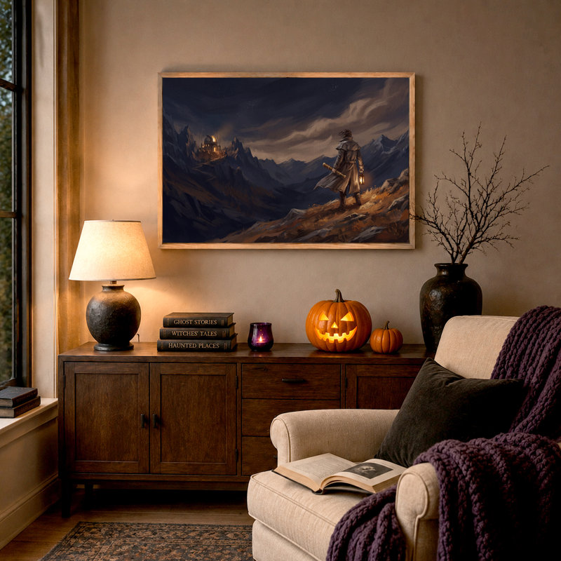 Explorateur avec lanterne près de l'observatoire de montagne - Toile murale d'Halloween, H 18 po x l 24 po