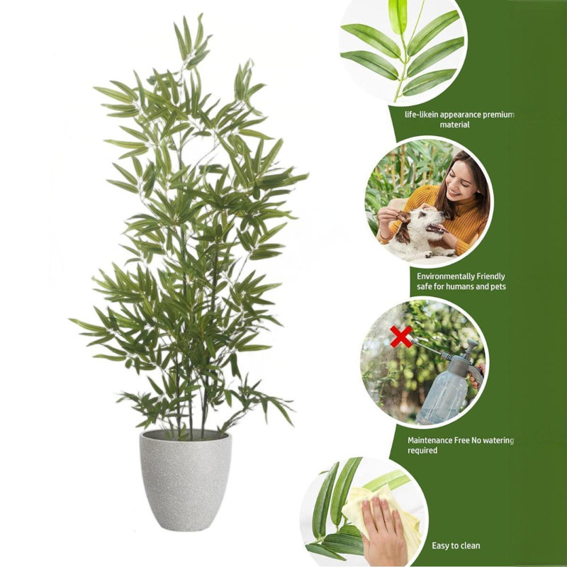 Pots ronds en bambou artificiel et résine avec plateau, Gris, H 15,75 po x l 59,06 po x P 15,75 po