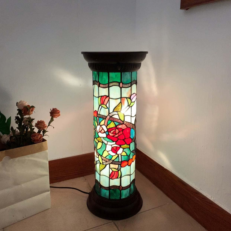 Tiffany Style Stained Glass Floor Lamp With Rose Flower Design, Handmade Pedestal Lamp For Home Decor