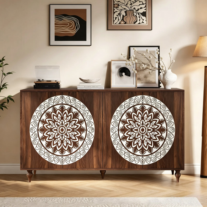 Buffet 59,84 "à 4 portes de style campagnard sculpté, crédence Boho avec tablettes réglables et pieds en bois pour le salon, l'entrée et la salle à manger