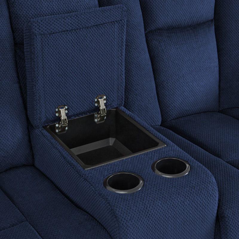 Power Reclining Sofa with Heat and Massage, USB Ports, Cup Holders, 3-Seat Dual Recliner Sofa, Navy Blue Polyester Blend