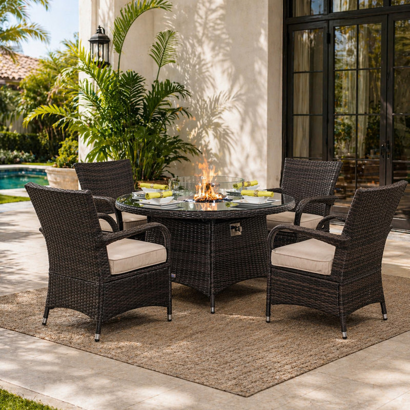 Ensemble repas pour terrasse avec table ronde 4 personnes Areefa, Brun