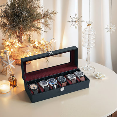 Boîte à montre, boîte à montre à 6 emplacements avec grand couvercle en verre, coussins amovibles, cadeau pour les proches