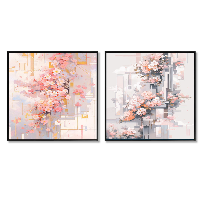 Contemporary Cherry Blossom Bold Stripes - Ensemble de 2 carrés de fleurs de cerisier, Cadre flottant noir, H 16 po x l 33 po
